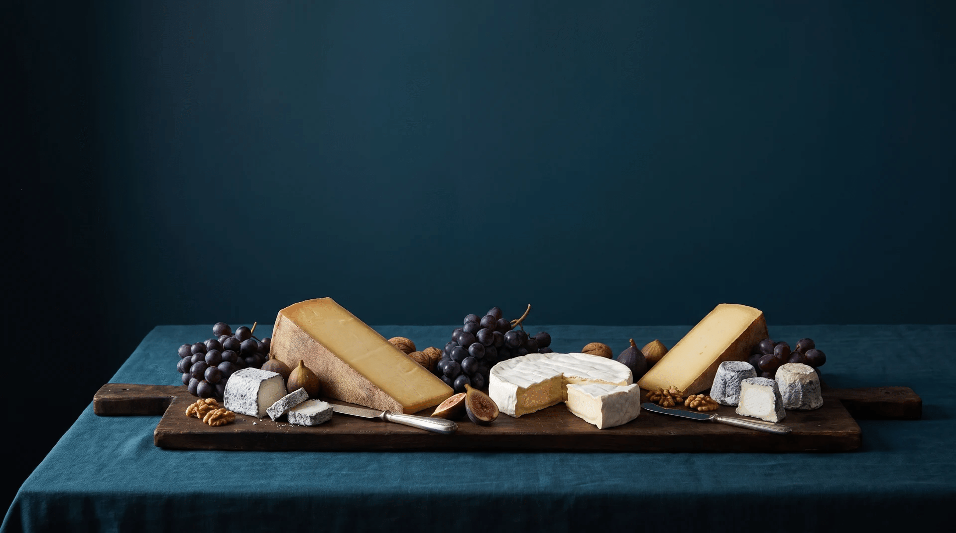 Une sélection de fromages artisanaux sur une table bleu canard